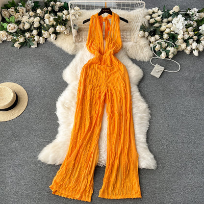 V-neck hanging neck open back jumpsuit high waisted casual vacation pants