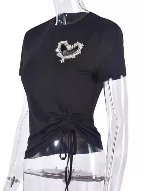 European and American style elegant love heart diamond decoration irregular round neck short-sleeved T-shirt