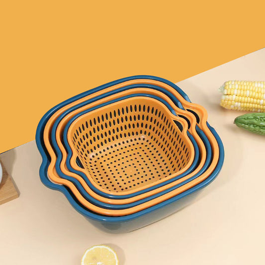 Six-Piece Set Of Multifunctional Kitchen Plastic Double Layer Household Basket Vegetable Washing Basket Large Drainage Basket