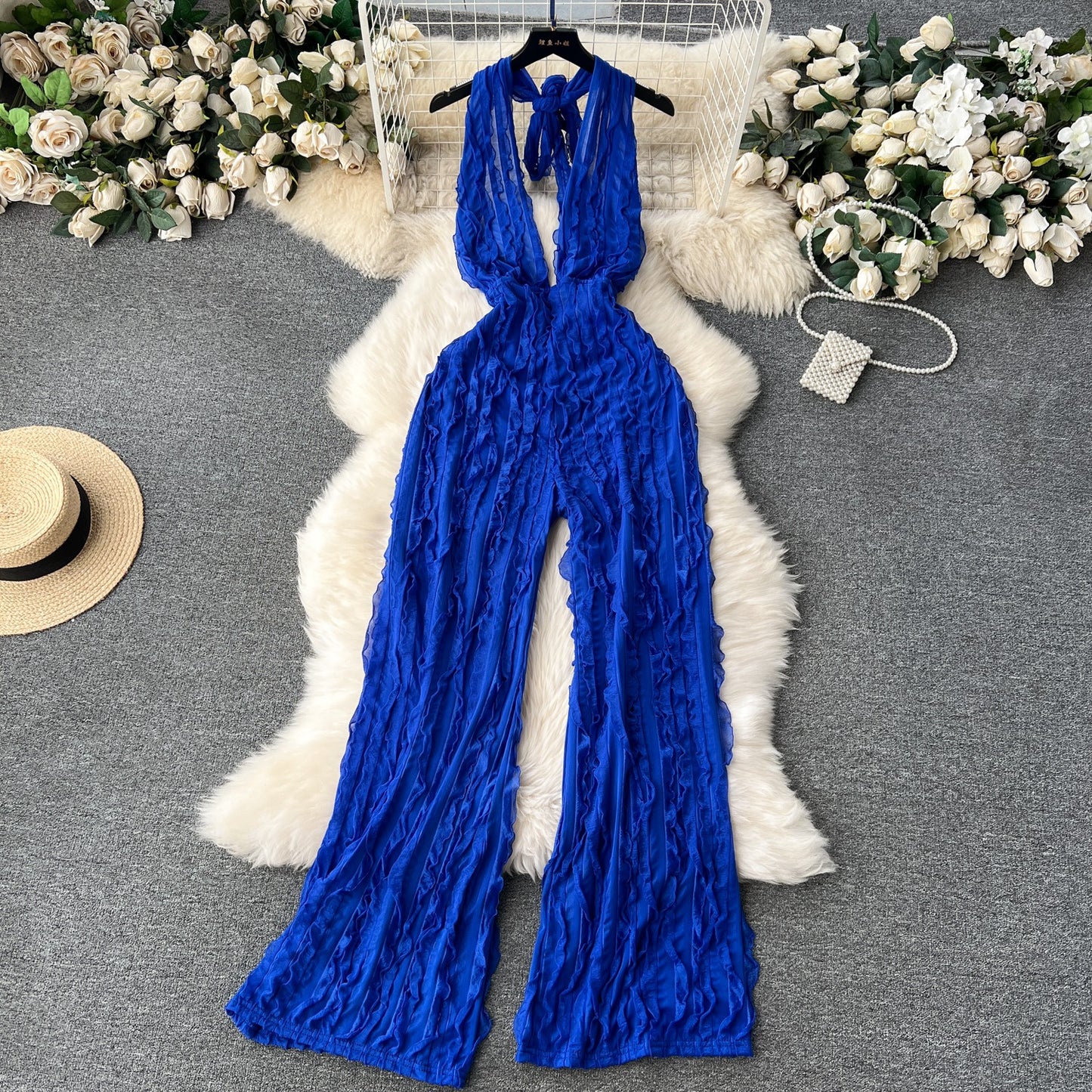 V-neck hanging neck open back jumpsuit high waisted casual vacation pants