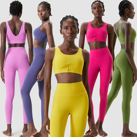 Cross-border zippered yoga clothing set for women, elastic large size running sports fitness clothing two-piece set Lycra quick-